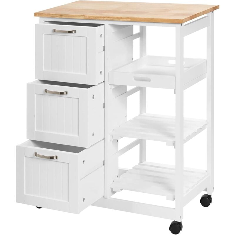 Relax4life - Desserte de Cuisine Roulante avec 3 Tiroirs et 3 Niveaux, Chariot de Cuisine en Bois avec 1 Plateau Amovible, Convient à la Salle à