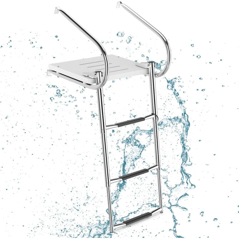 Relax4life - chelle de Piscine inox à 3 Marches, Échelle Télescopique pour Bateau avec Plateau, Mains Courantes, Pédales Antidérapantes, Capacité 227