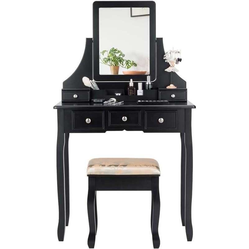 Relax4life - Ensemble de Coiffeuse avec Miroir Rectangulaire Rotatif et Tabouret Rembourré,Table de Maquillage avec 5 Tiroirs et 4 Compartiments,