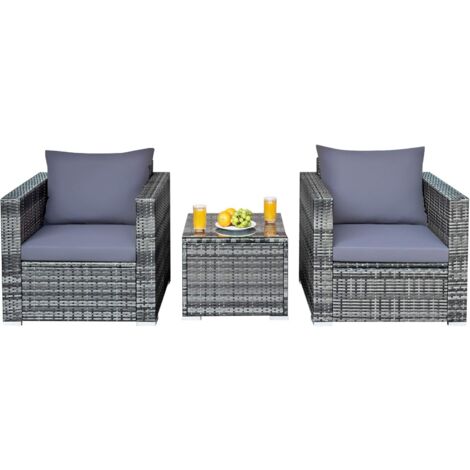 RELAX4LIFE Ensemble de Salon de Jardin 2 Chaises et 1 Table Basse en Polyrattan, Fauteuils Modernes et Table de Balcon avec Coussins Doux et Lavables pour Patio et Balcon, Gris
