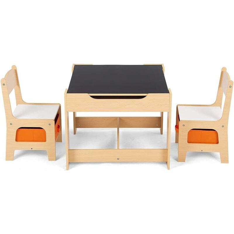 Relax4life - Ensemble de Table et 2 Chaise pour Enfants avec 2 Paniers de Rangement et Plateau Amovible à Double Face, Meubles pour Enfants
