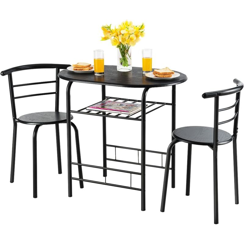 Ensemble de Table à Manger et 2 Chaise en Bois et Tubulaire Acier avec Porte-Bouteille sous Table, Table de Cuisine 2 Personnes Set de Bistro Meubles