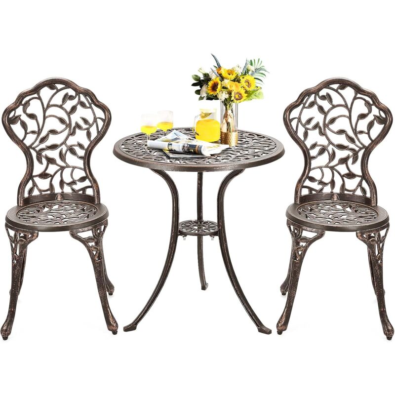 Ensemble Salon de Jardin avec 1 Table et 2 Chaises, Set de Bistro en Alu Fonte avec Apparence Vintage, Bronzé, pour Jardin, Balcon, Terrasse (Feuille