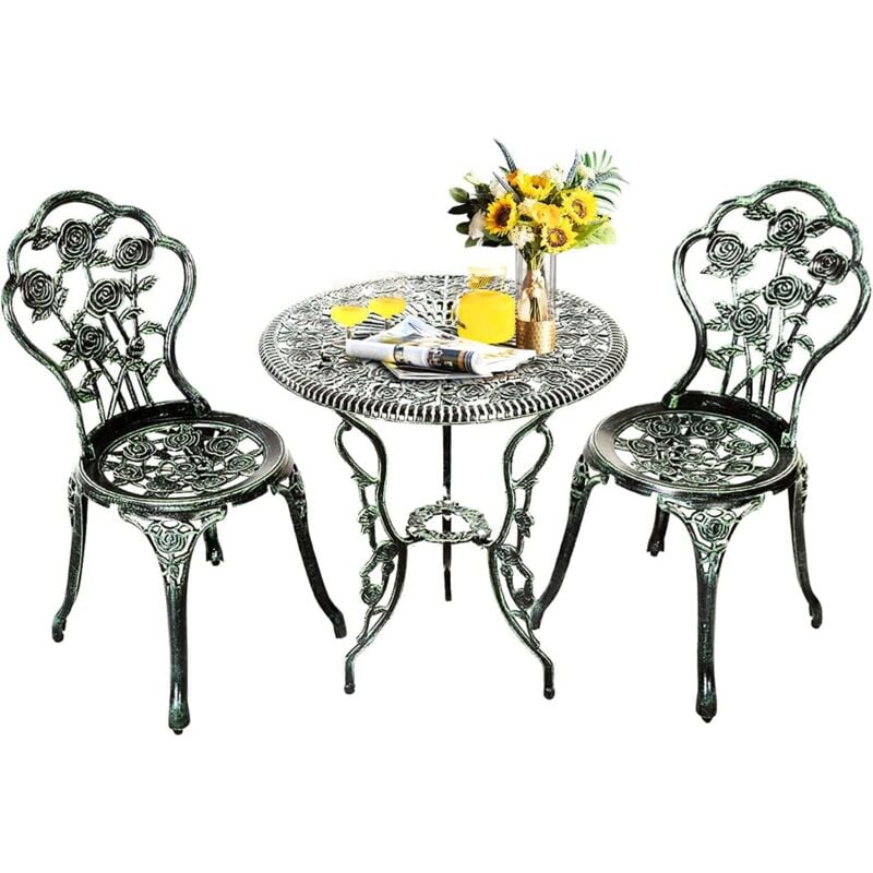 Relax4life - Ensemble Salon de Jardin avec 1 Table et 2 Chaises, Set de Bistro en Alu Fonte avec Apparence Vintage, Bronzé, pour Jardin, Balcon,