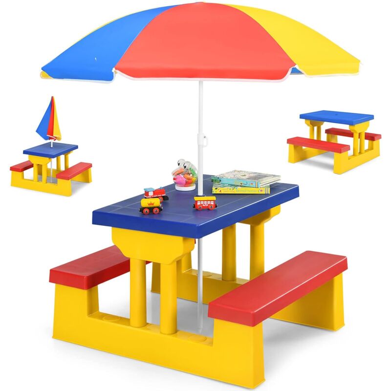 Relax4life - Ensemble Salon de Jardin pour Enfant Comprenant 1 Table et 2 Bancs Plus 1 Parasol Centré en Couleurs Vives, Table de Jardin pour