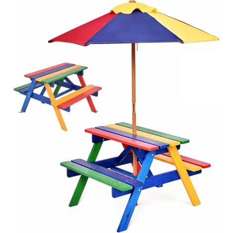 RELAX4LIFE Ensemble Salon de Jardin pour Enfant Comprenant 1 Table et 2 Bancs Plus 1 Parasol Centré, Table de Jardin pour Pique-Nique en Sapin avec Trous Parapluie