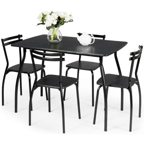 RELAX4LIFE Ensemble Table à Manger avec 4 Chaises à Dossier Incurvé, Table Salle à Manger avec Cadre en Métal, Style Moderne pour Salle à Manger Salon Cuisine (Noir Grain Bois)