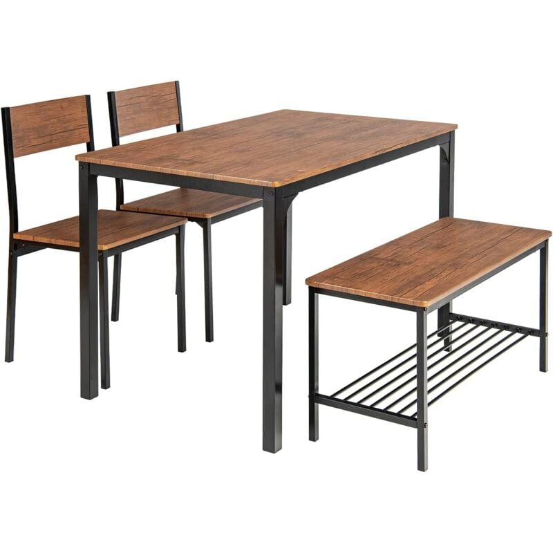 Relax4life - Ensemble Table à Manger et 2 Chaises & Banc avec Étagère, Table Salle à Manger Industrielle pour 4 Personnes avec Cadre Métallique, pour