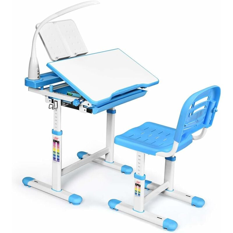 RELAX4LIFE Ensemble Table et Chaise pour Enfant avec Lampe Ajustable, Support de Lecture et Tiroir, Bureau Multifonctionnel Réglable en Hauteur avec