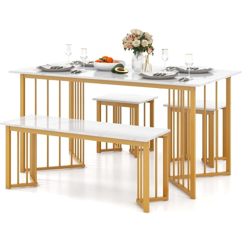 Relax4life - Ensemble Table et Chaises 4 pcs, Table à Manger avec 2 Tabourets et Banc Encastrables, Grain Marbre, Cadre en Métal Doré, Table de