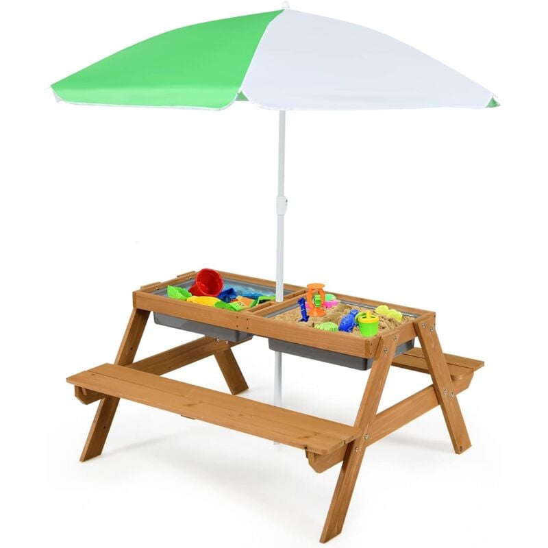 Relax4life - Ensemble Table et Chaises de Jardin 3 en 1 pour Enfants, Table Pique-Nique avec Parasol et 2 Plateaux, Table Basse et Bancs d'Extérieur