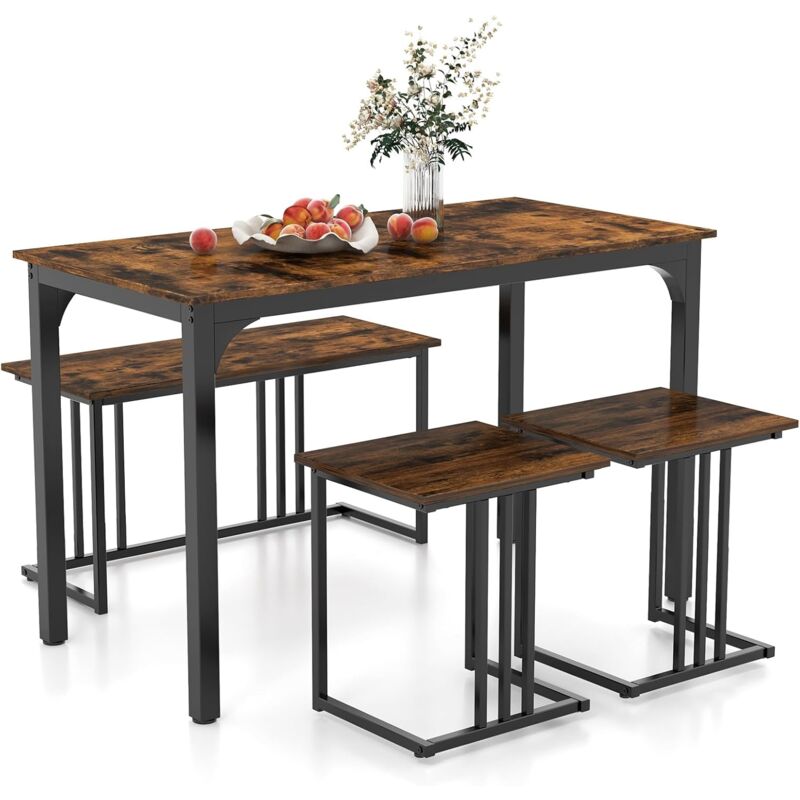 Relax4life - Ensemble Table et Chaises pour 4 Personnes, Table à Manger avec Banc et Tabourets Encastrables, Table Cuisine Industrielle avec Cadre