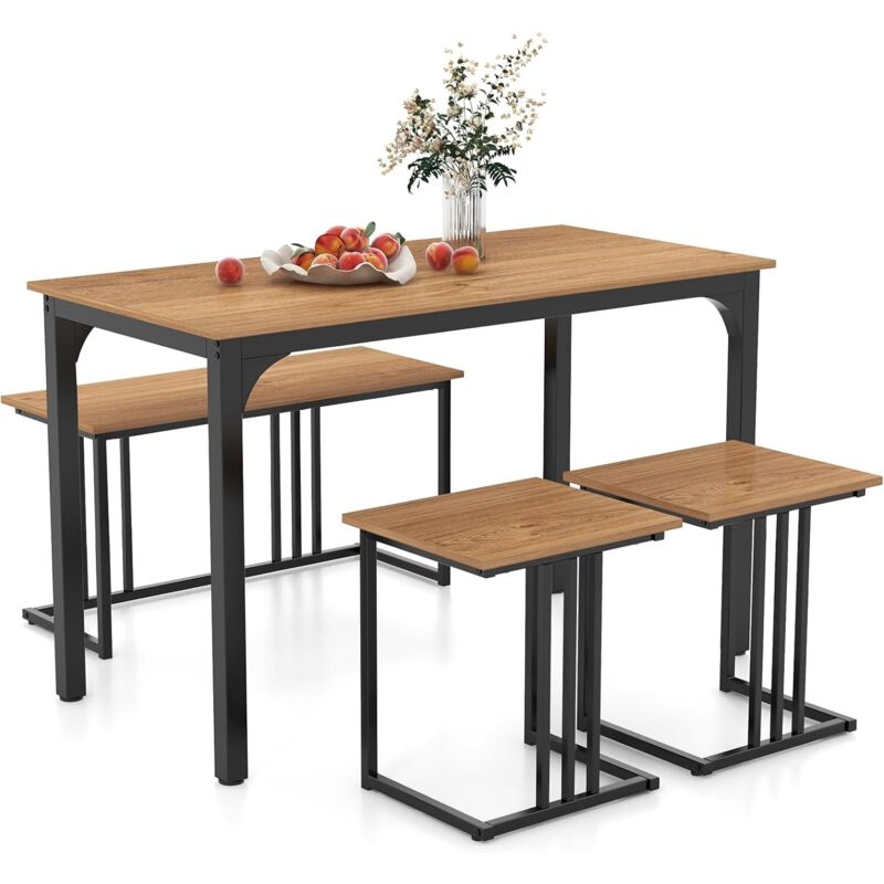 Relax4life - Ensemble Table et Chaises pour 4 Personnes, Table à Manger avec Banc et Tabourets Encastrables, Table Cuisine Industrielle avec Cadre