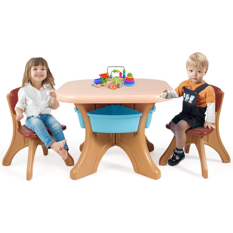 Ensemble Table et Chaises pour Enfants Lire, Jourer, Étude, Table avec 4 Paniers de Rangement de Jouet, Livres, Charge de Table/Chaise 50 kg (Brun)