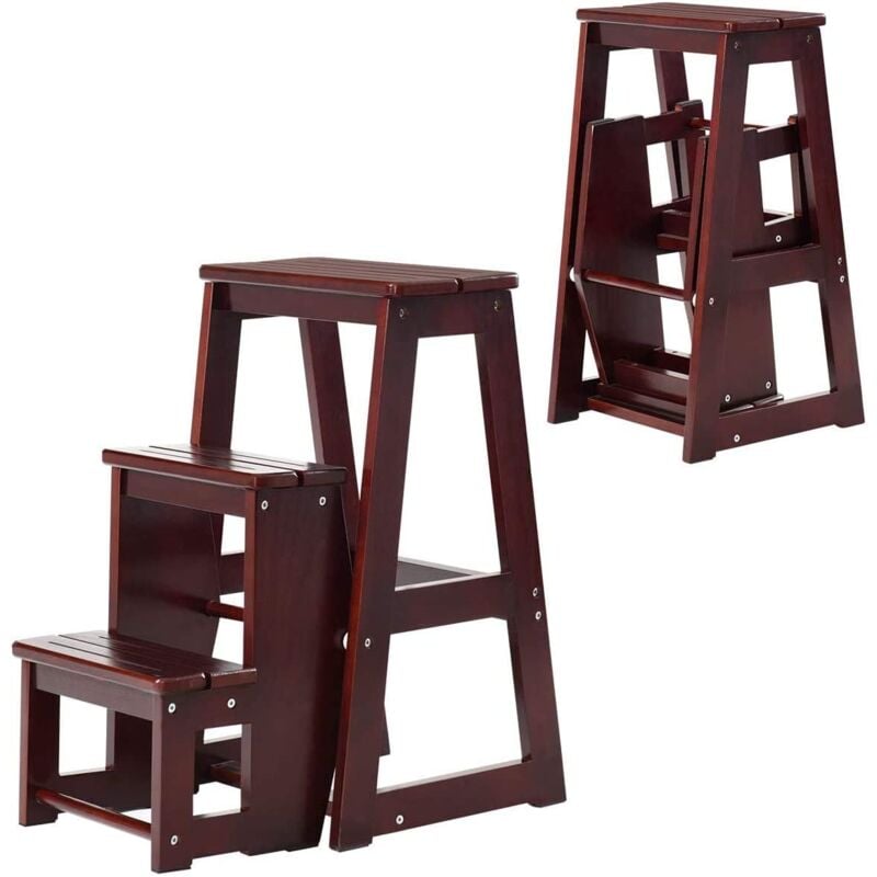 2 in 1 Sgabello Pieghevole e Scaletta in Legno Naturale a 3 Gradini, per Cucina, Camera da letto, Ufficio, Negozio (caffe) - Relax4life