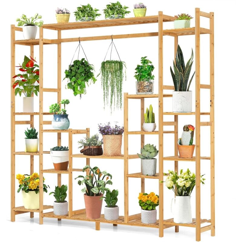 Relax4life - tagère à Fleurs à 9 Niveaux en Bambou, 167 x 30 x 166 cm, Porte-Plantes avec Support de Suspension, Support de Pots Extérieur Intérieur