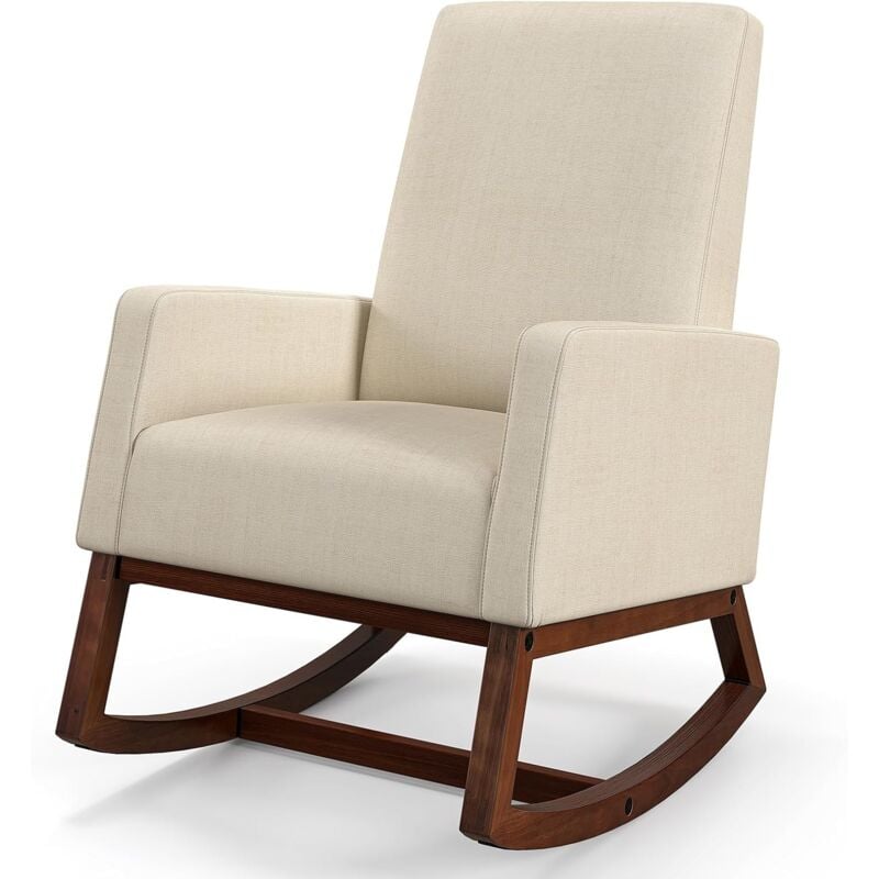 Relax4life - Fauteuil à Bascule Rembourée avec Base en Bois d'Hévéa, Fauteuil Salon avec Dossier Haut et Accoudoirs, Chaise à Bascule avec Poche