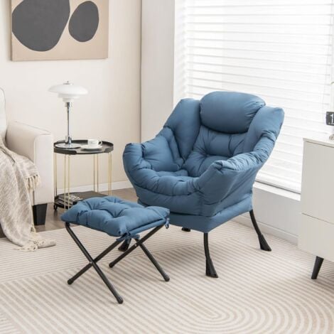 RELAX4LIFE Fauteuil avec Repose-Pied Assorti, Fauteuil Relaxant Rembourré Confortable avec Poche Latérale, Appui-tête Confortable et Patins de Pied Antidérapants pour Chambre Salon Bureau (Bleu)