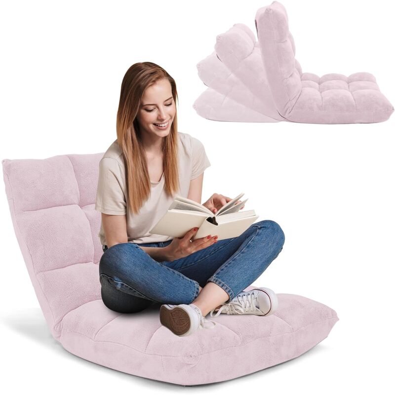 Relax4life - Fauteuil Bas Multiposition Réglable en 14 Angles, Chauffeuse Convertible en Molleton Corail Fauteuil Paresseux 1 Place Adulte Enfant