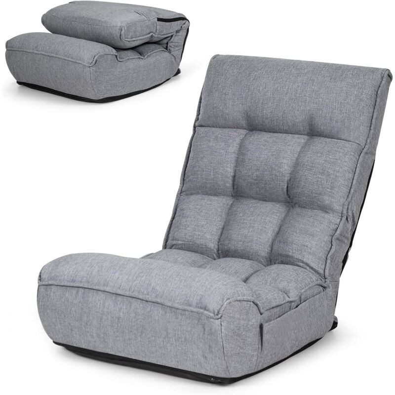 Relax4life - Fauteuil Bas Multiposition Réglable Dossier 4 Positions Charge 140kg, Chauffeuse Convertible en Lin Appui-tête en 5 Positions Fauteuil