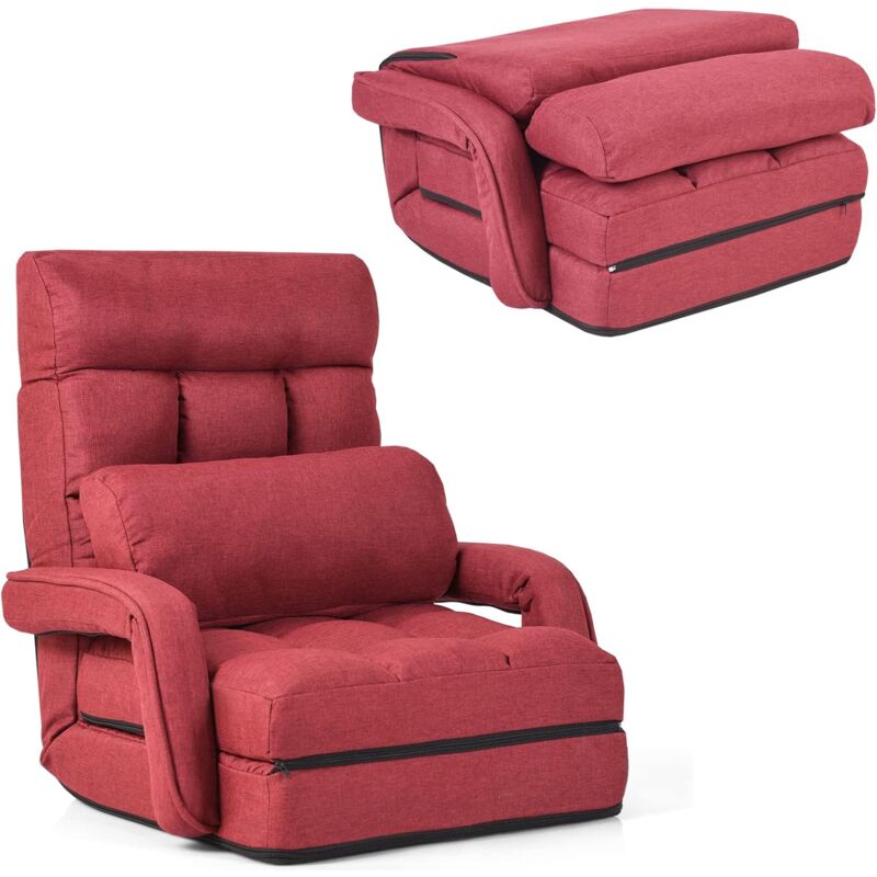 Fauteuil Convertible à Accoudoir et Dossier Réglable à 5 Positions, Chauffeuse 1 Place Adulte Convertible Fauteuil Bas avec Oreiller pour Maison,