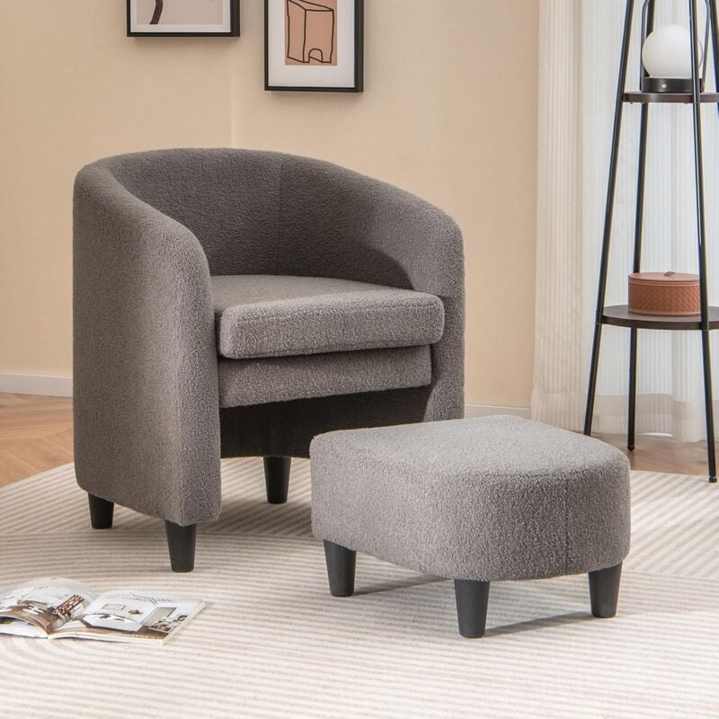 RELAX4LIFE Fauteuil d'Appoint avec Repose-Pieds, Fauteuil Rembourré en Velours Teddy Confortable, Fauteuil Rond en Bois Massif avec Repose-Pieds pour