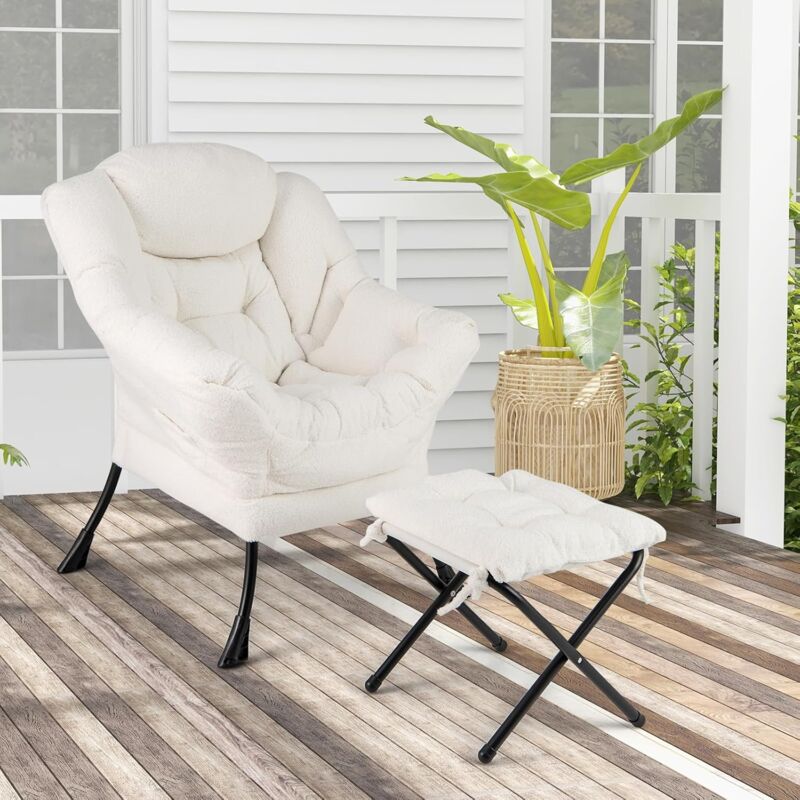 Relax4life - Fauteuil de Bureau avec Repose-Pied, Fauteuil Scandinave en Sherpa avec Appui-tête-Poche Latérale-Patins Antidérapants, Fauteuil
