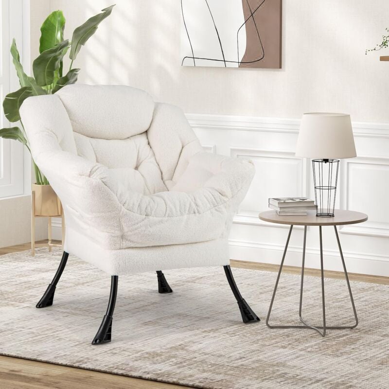 Relax4life - Fauteuil Relax en Sherpa, Fauteuil Salon Design Scandinave avec Appui-tête-Poche Latérale-Patins Antidérapants pour Chambre Salon