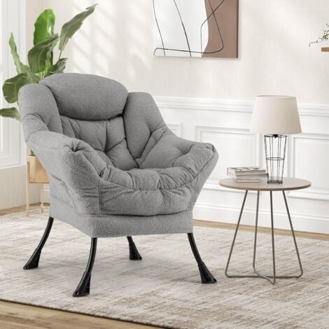 RELAX4LIFE Fauteuil Relax en Sherpa, Fauteuil Salon Design Scandinave avec Appui-tête-Poche Latérale-Patins Antidérapants pour Chambre Salon Bureau, Gris
