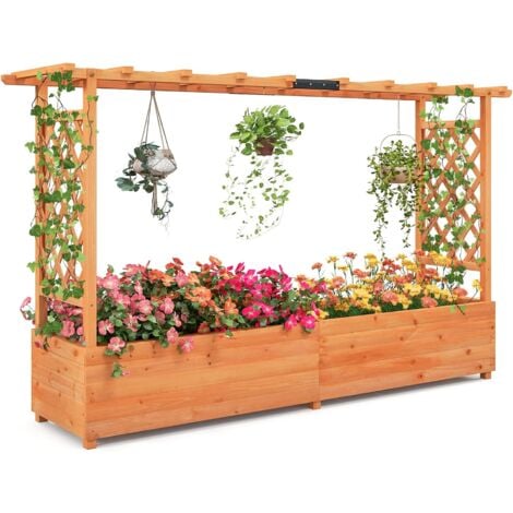 RELAX4LIFE Fioriera da Esterno con Traliccio in Legno, Aiuola Rialzata con Grigliato e Drenaggio, Porta Vasi di Fiori e Rampicanti per Giardino/Balcone/Terrazza