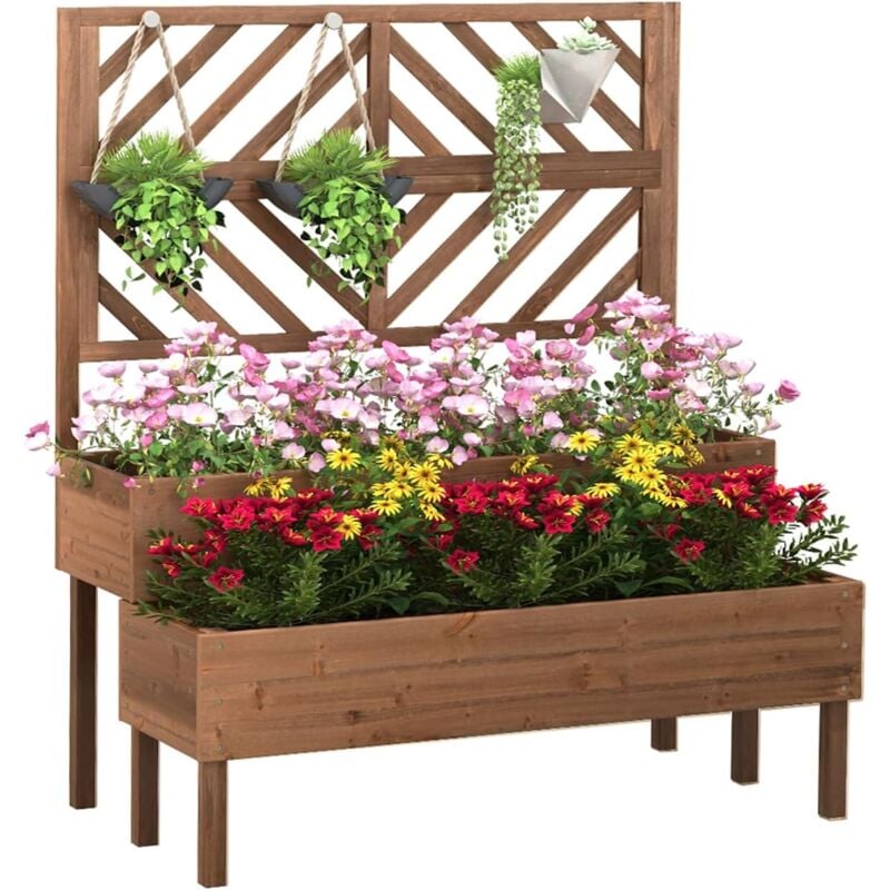 Jardinière avec Treillis à 2 Niveaux en Bois avec Trou de Drainage, Jardinière Surélevée pour Plantes Grimpantes, Bac à Fleurs pour Balcon Jardin