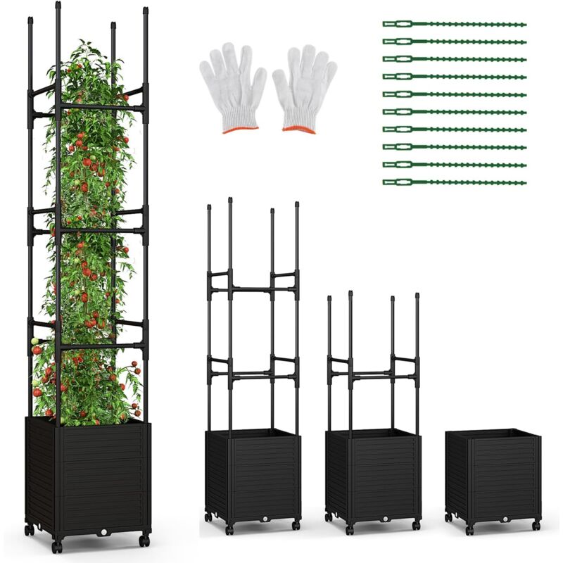Relax4life - Jardinière avec Treillis Obélisque& roulettes, Lit de Jardin Surélevé 219 cm avec 3 Hauteurs Réglableset Système d'Arrosage Automatique