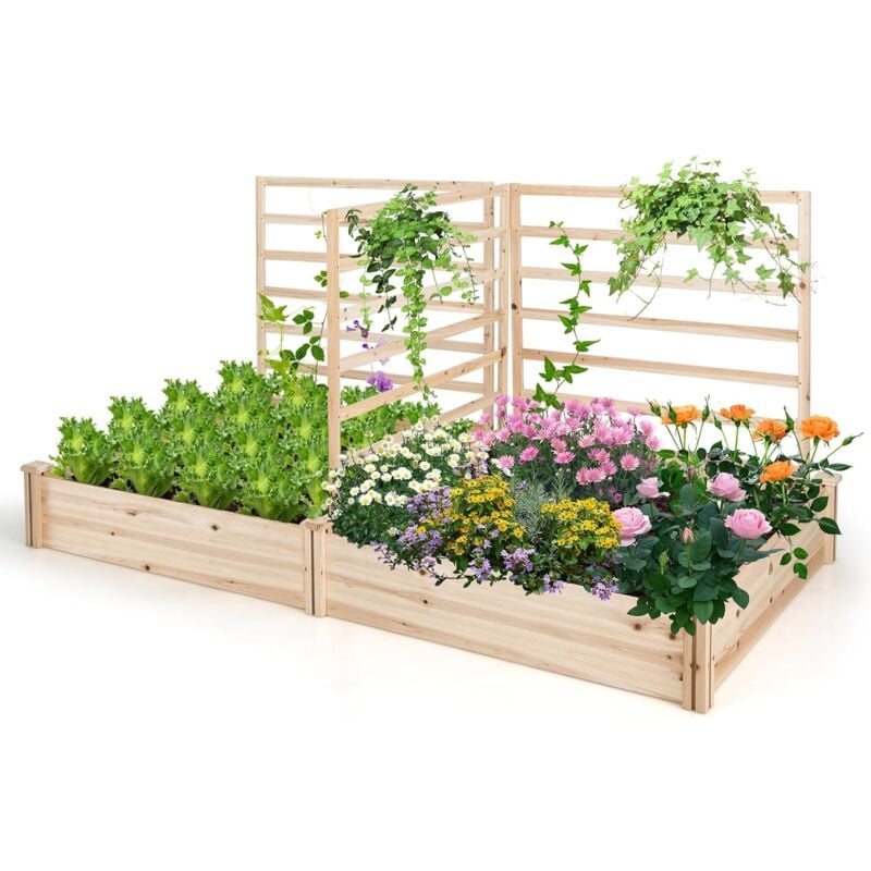 Relax4life - Jardinière d'Extérieur avec 2 Bac à Fleurs et 3 Treillis en Bois, Carré Potager avec Treillis pour Plantes Grimpantes, pour