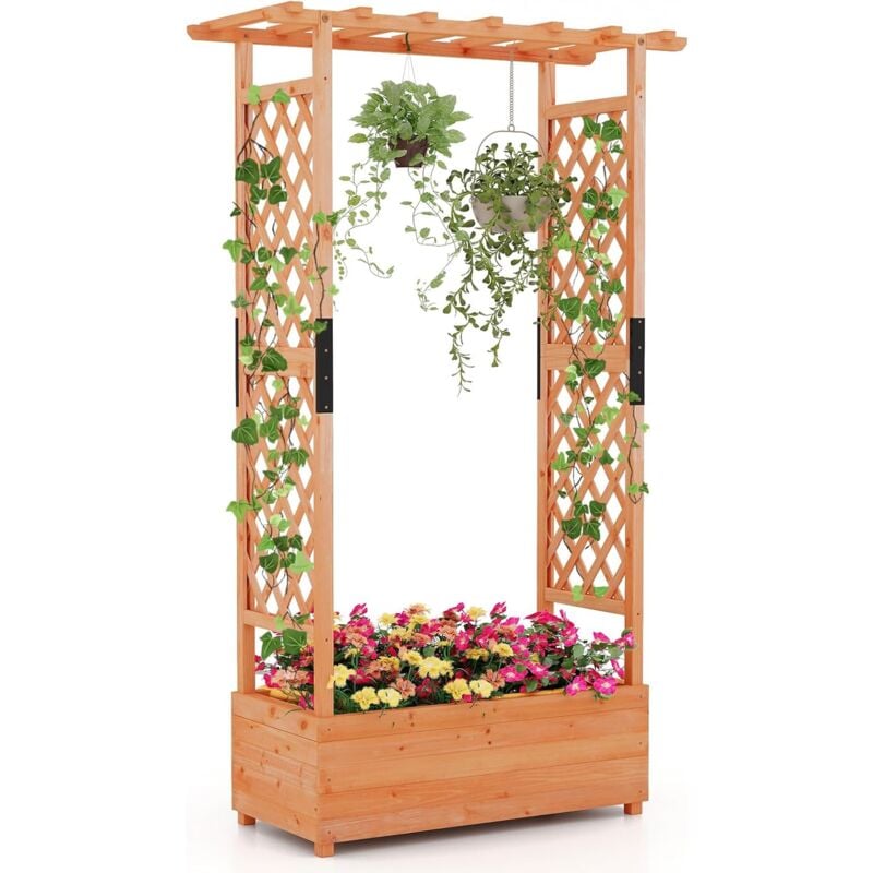 Jardinière Surélevée avec Treillis Latéral & Supérieur, Jardinière sur Pied avec Treillis&Trous de Drainage, Conteneur de Plantes Vertical Pourvignes