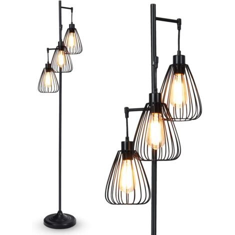 Relax4Life – Lampadaire industriel 3 abat-jours en métal noir – Hauteur 170 cm – Interrupteur au pied – Pour salon, chambre, bureau
