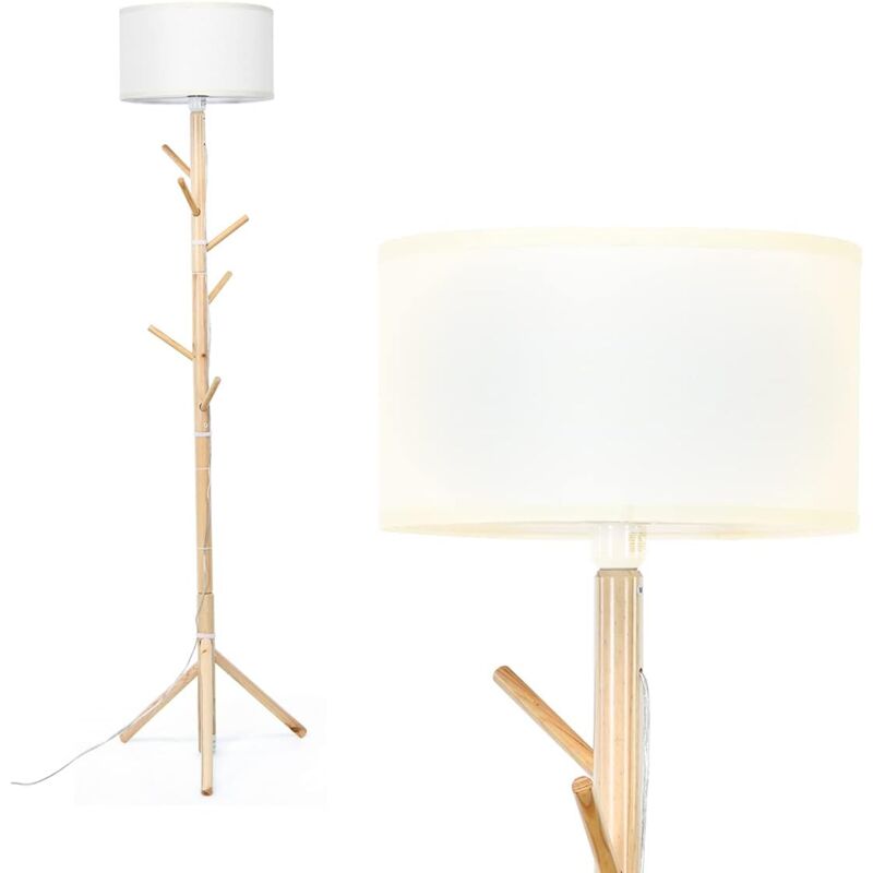 Relax4life - Lampadaire Salon sur Pied en Bois Massif avec Porte-Manteau 6 Crochets Douille E27, Lampe sur Pied Interrupteur à Pédale pour Chambre