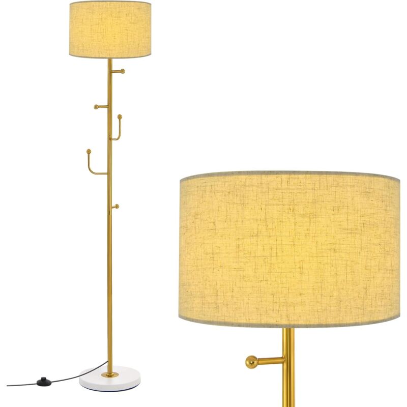 Relax4life - Lampadaire sur Pied Salon 166,5 cm avec Porte-Manteau 5 Crochets, Lampe sur Pied avec Abat-Jour en Lin, Interrupteur au Pied, Douille