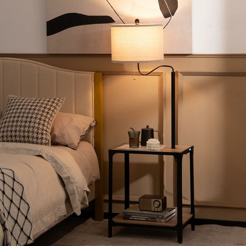 Relax4life - Lampadaire sur Pied Salon avec Tablette de Bois Poteau de Lampe Rotatif à 360°2 usb , Lampe à Lumière Chaude E27 pour Salon Chambre