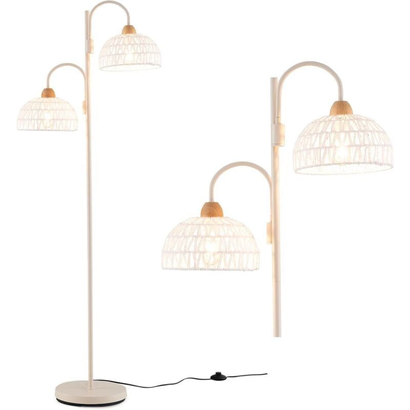 Relax4life - Lampadaire sur Pied Salon, Lampe Salon sur Pied avec 2 Abat-jour Tissés en Corde de Chanvre, Lampadaire Salon Rotatif à 350°avec