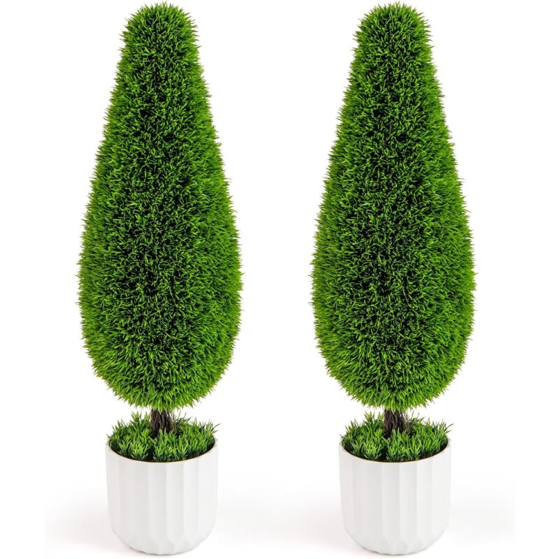 Relax4life - Lot de 2 Buissons Topiaires en Cèdre Artificiel 90 cm, Plantes en Forme de Larme, Pots en Plastique pour Pépinière Intérieur Extérieur,