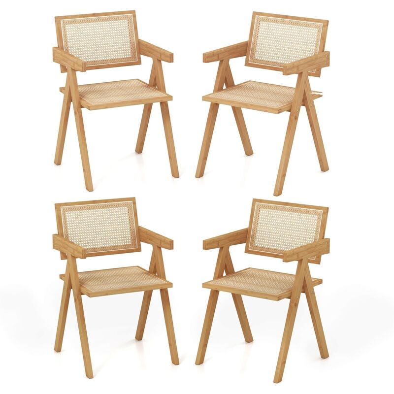 Relax4life - Lot de 2 Chaise Salle a Manger en Bambou, Chaise Cannage Rotin avec Accoudoirs, Dossier Incurvé, Chaise Bois Chandigarh pour Salon Café