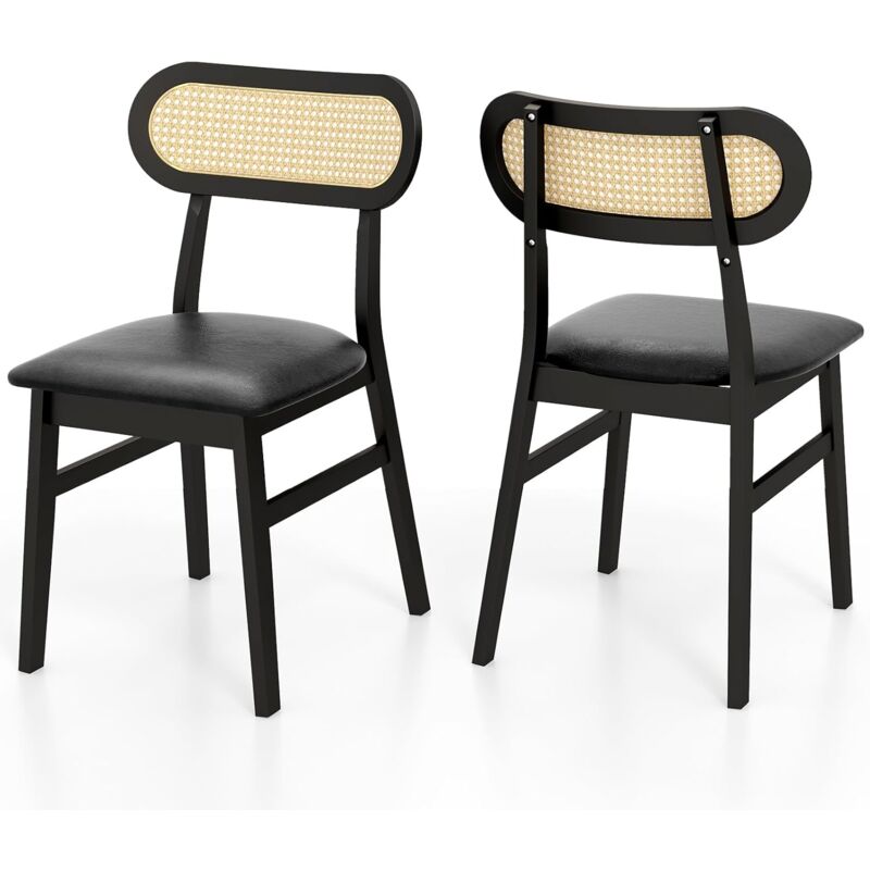 Relax4life - Lot de 2 Chaise Salle a Manger en Bois, Chaise Cannage Rotin avec Siège Rembourré, Chaise Cuisine avec Dossier Incurvé pour Salon Café,