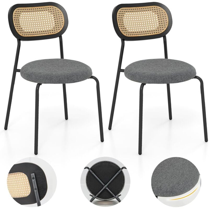 Relax4life - Lot de 2 Chaises de Salle à Manger en Rotin, Chaise de Cuisine Bohême avec Siège Rembourré & Cadre Métallique, Assise 46 cm, Charge 140