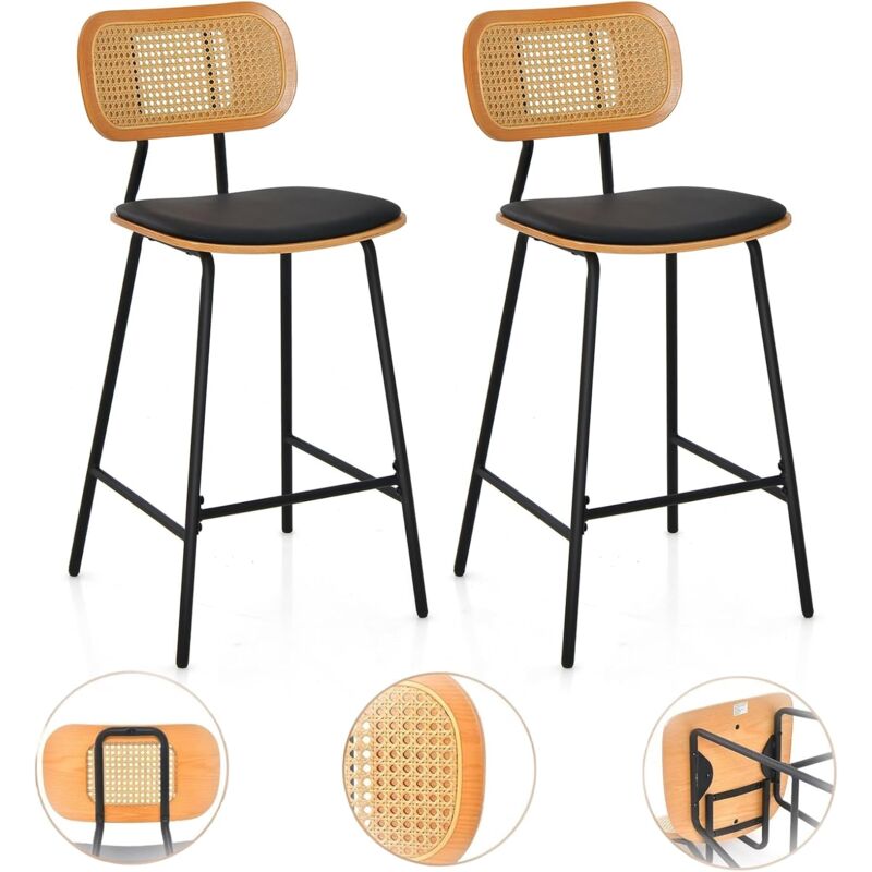 RELAX4LIFE Lot de 2 Tabourets de Bar en Rotin, Chaise Haute Bar Cuisine Bohême avec Dossier Incurvé, Cadre Métallique, Repose-Pieds, Assise 65,5 CM,