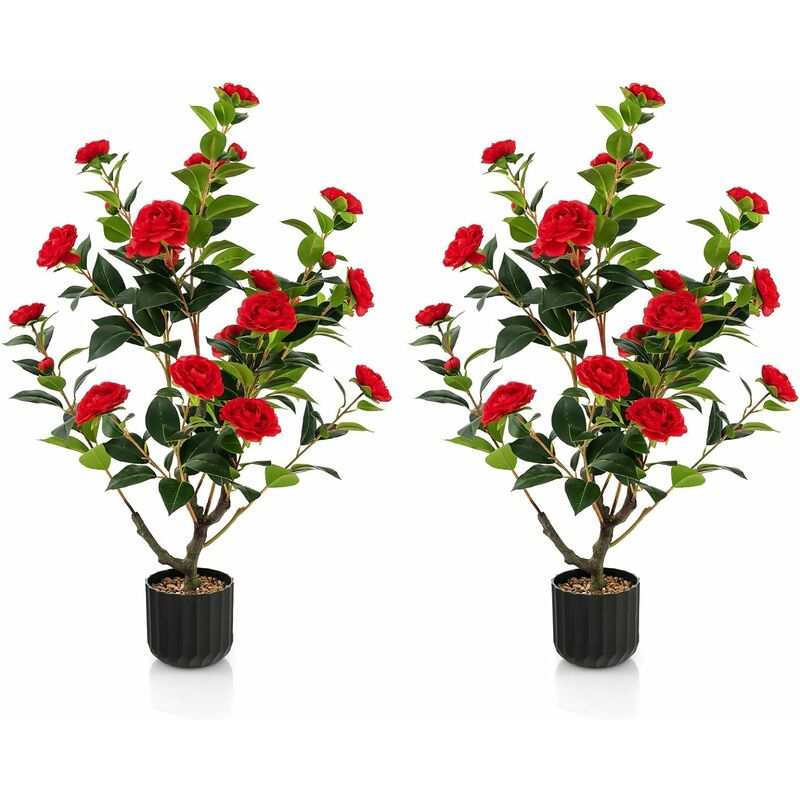 Lot de 2 Plantes Artificielles 95 cm, Camélia Artificiel en Pot en Ciment, 24 Fleurs et 186 Feuilles, pour Intérieur/Extérieur, Rouge - Relax4life