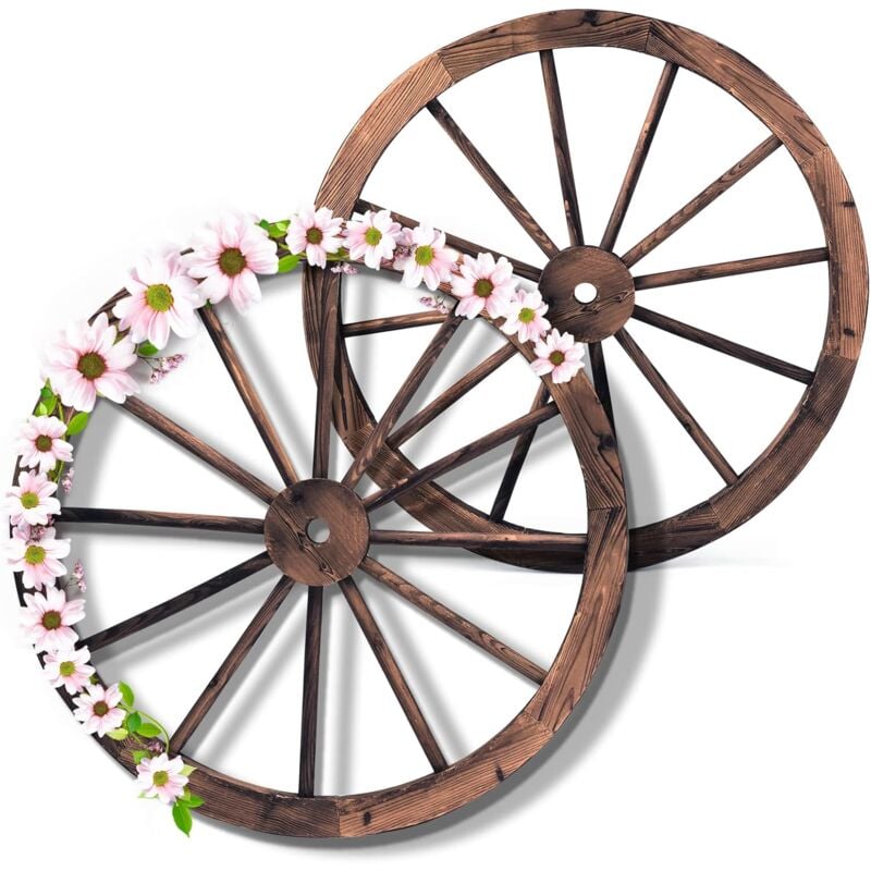 Lot de 2 Roues Décoratif en Bois de Sapin Carbonisé avec Tôle de Fer Anti-Corrosion et Anti-Insectes, Roues de Wagon Design Vintage pour Décoration