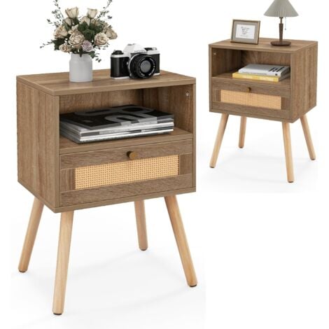 RELAX4LIFE Lot de 2 Table de Chevet en Rotin avec Tiroir+Étagère Poignée Métallique Pieds en Pin, Table d'Appoint avec Décoration Cannage, Style Moderne pour Chambre Salon