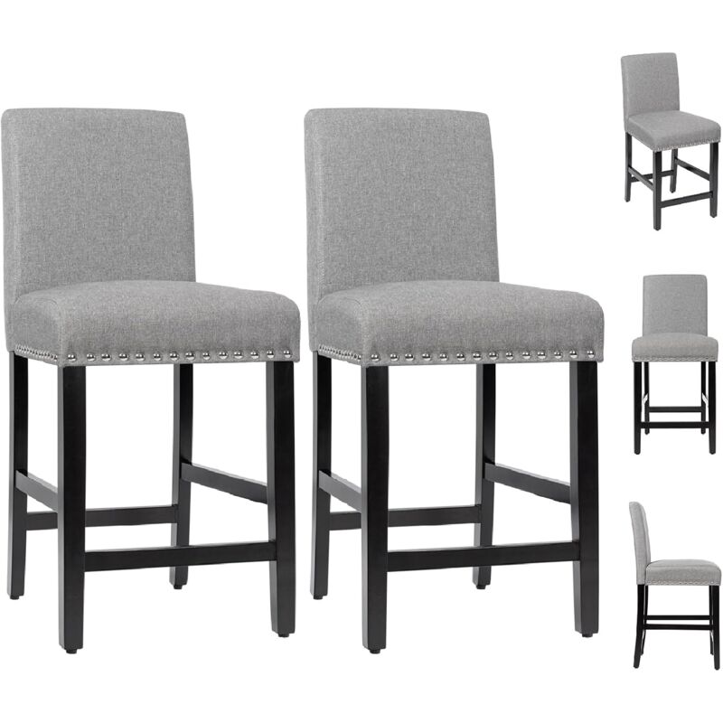 Relax4life - Lot de 2 Tabouret de Bar, Chaise de Salle à Manger avec Dossier & Siège Rembourrés, Pieds en Bois d'Hévéa Massif, Repose-Pieds, pour