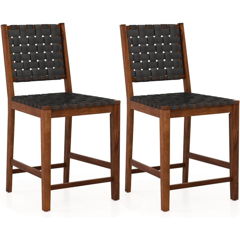 Relax4life - Lot de 2 Tabouret de Bar en Bois Massif, Chaise de Salle à Manger avec Tissage en Cuir pu, Chaise Haute Cuisine avec Repose-Pieds,