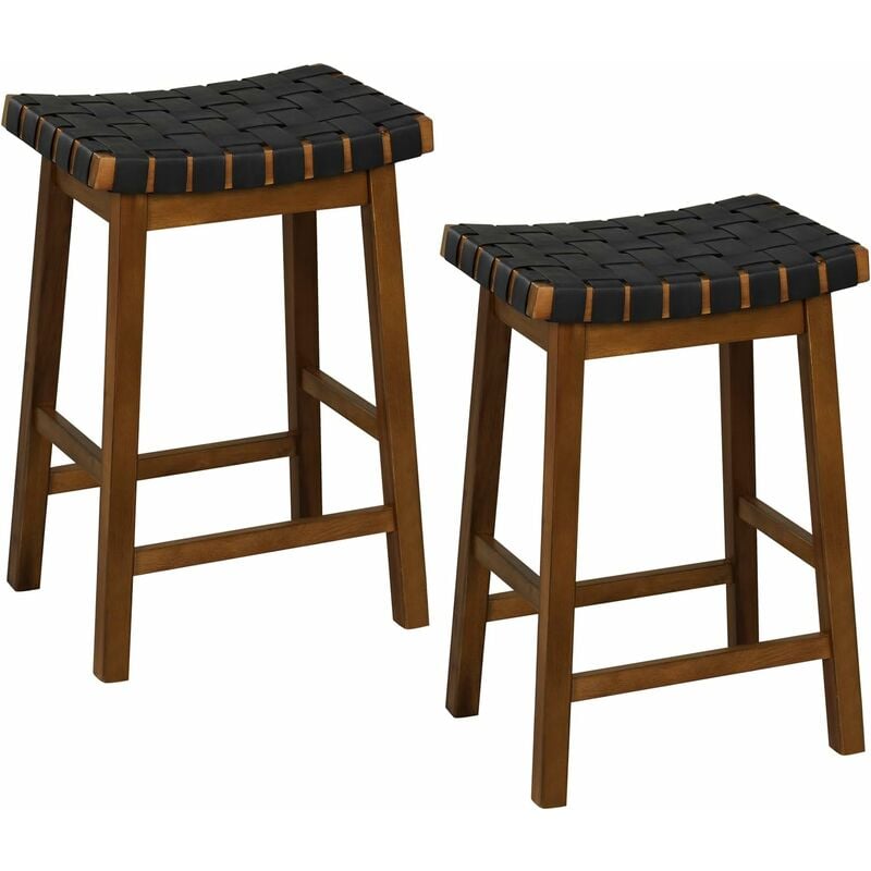 Lot de 2 Tabourets de Bar en Bois Massif, Tabouret Haute Bar avec Siège Tissé en Cuir pu, Repose-Pieds, Assise 65 cm, Charge 150 kg pour Café Cuisine